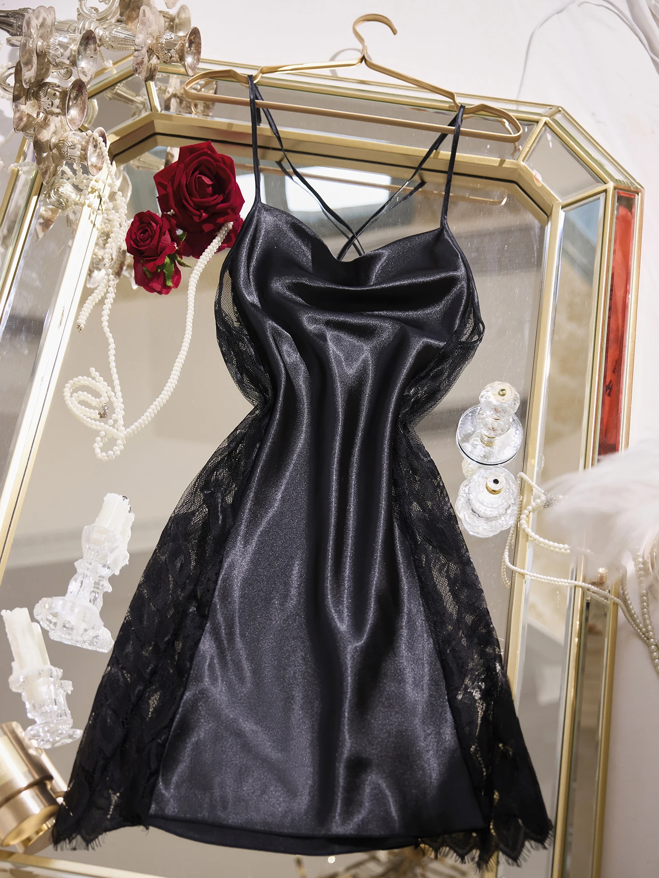 Women's Piled Up Collar Slip Nightdress Lace Patchwork Crisscross Back Pajamas Elegant Spaghetti Strap Sleep Dress