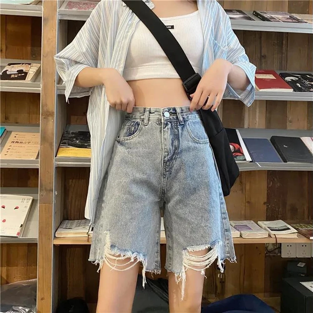 High Waist Tassel Broken Blue Denim Shorts Female Summer Korean Version Wide Leg Loose Plus Size Jean Shorts Women