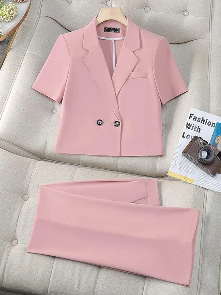 

Korean Style Elegant Women Suits Office Formal Wear 2024 New Fashion Short Sleeve Blazers Chic Casual Streetwear Pants Suits