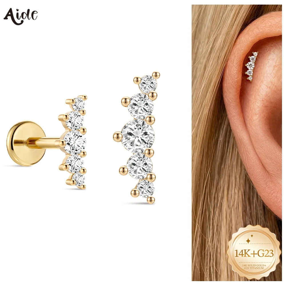 Aide 14K Soild Gold Implanted Grade Titanium Back Tiny Stud Earring Luxury Zircon Helix Earrings For Daily Wear Delicate Jewelry