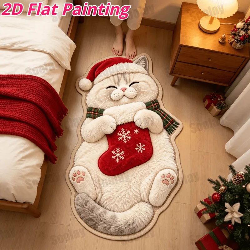 VIKAMA 2D Flat Painting Christmas Cat Rug, Kitten Santa Hat Plaid Scarf Stocking, Floor Mat Bedroom, Non Slip Pet Home Decor