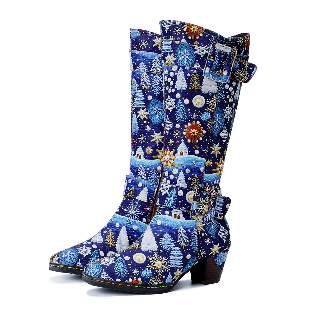 Christmas Holiday Snowflake Vintage Print Casual Chunky Heel Comfort Boots