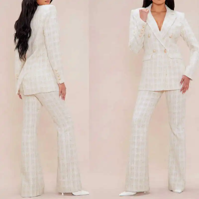 

Elegant Women's Plaid Double Breasted Pants Sets Office Ladies Work Classic Fit Wedding Party Customized Outfits