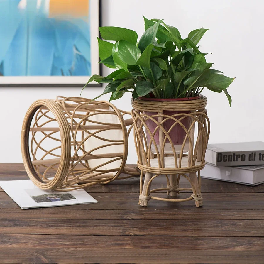 Hand-made Rattan Flower Pot Nordic Pastoral Rack Living Room Balcony Creative Flower Pot Decoration Floor Bamboo Storage Rack