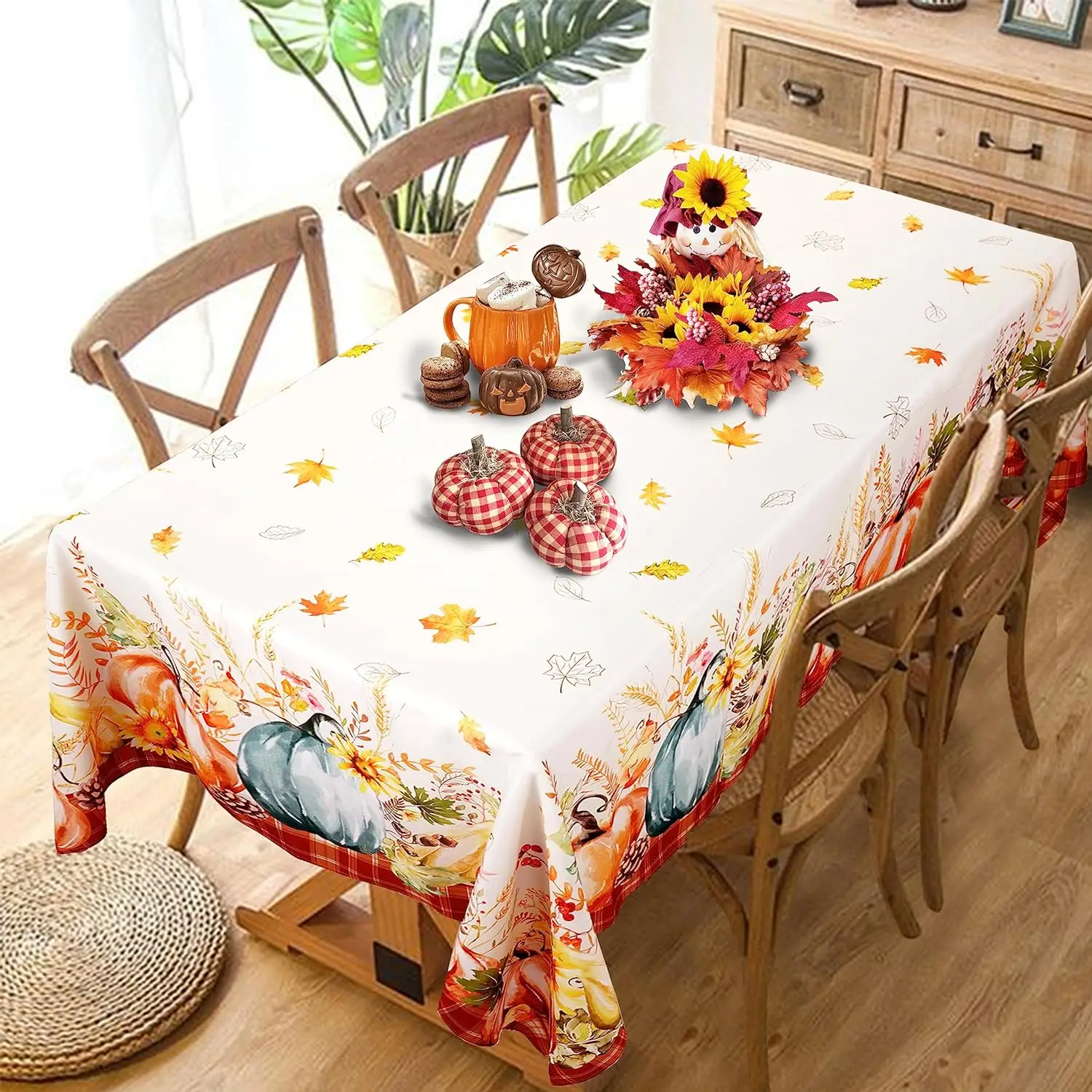 Fall Thanksgiving Rectangle Tablecloths Autumn Pumpkin Buffalo Plaid Table Cover Kitchen Restaurant Holiday Party Table Decor