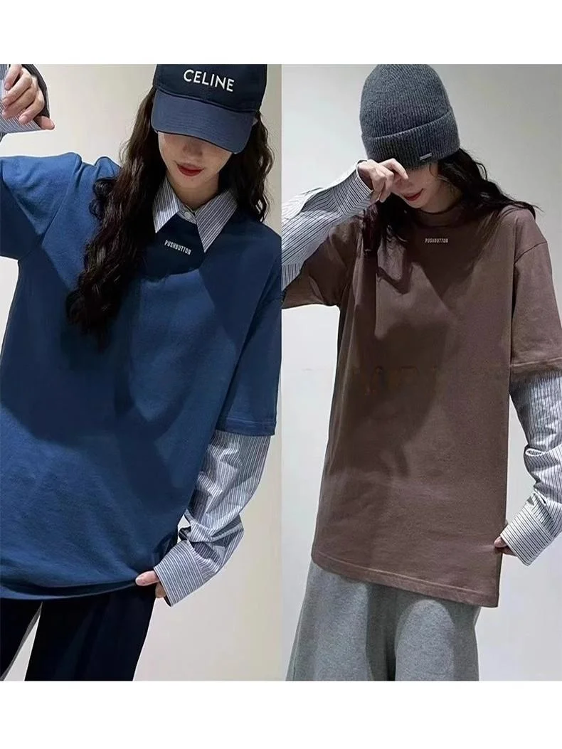 Loose Casual Striped Shirt Sleeve T-Shirt Top UmpushBUTTON 24 Autumn Two-Piece Patchwork Korean Style Cotton Long Sleeve