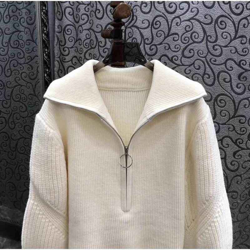 High Quality New Sweaters 2024 Autumn Winter Jumpers Women Turn-down Collar Wool Blend Knitting Long Sleeve Casual Beige Sweater