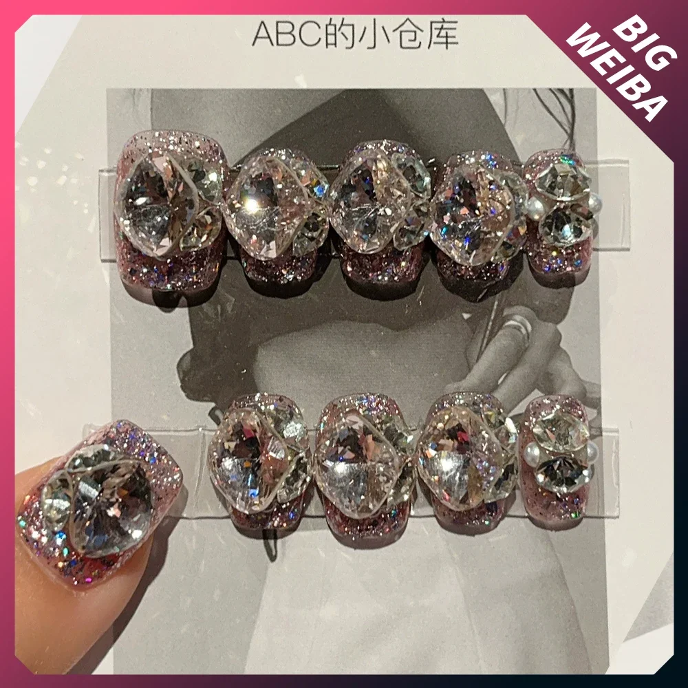 10 ชิ้น Diy Luxury Court เงา Rhinestone Handmade กดบนเล็บยาวโลงศพสั้นสแควร์ Reusable ฝาครอบเล็บ
