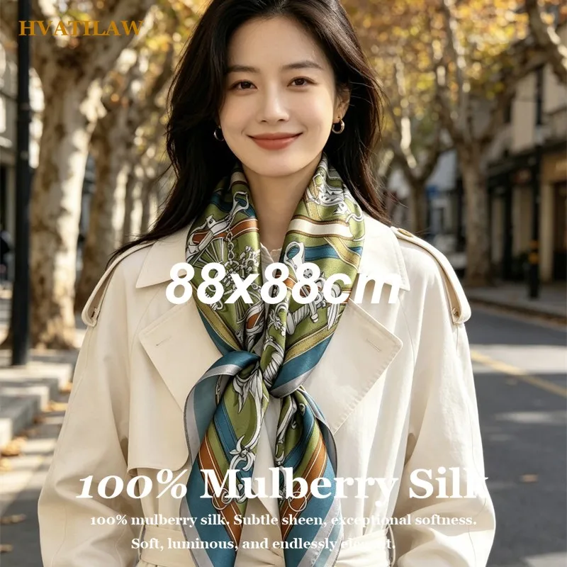 

88x88cm Women Accessory Elegant Wrap French Chic Soft 100% Mulberry Silk Durable Retro Belt Print Bandana Shawl Neck Hair Wrap