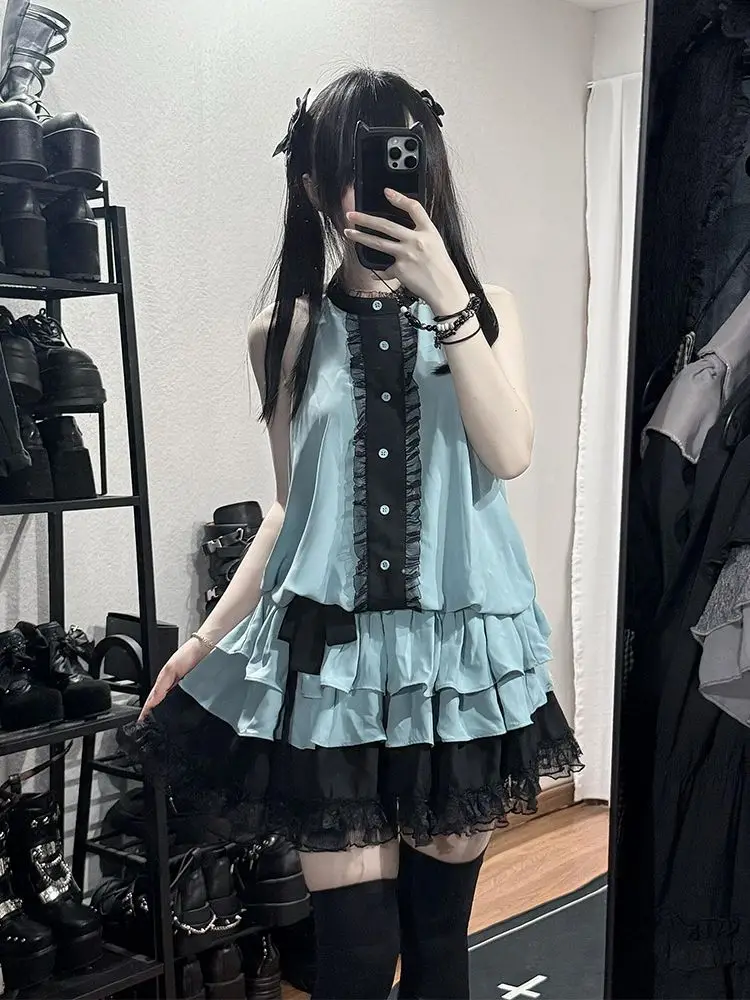 

Hanging Neck Loose Chiffon Dress Vestidos De Mujer Elegantes E-girls Fairy Sweet Lolita Japanese Kawaii Cuteore Mini Dress