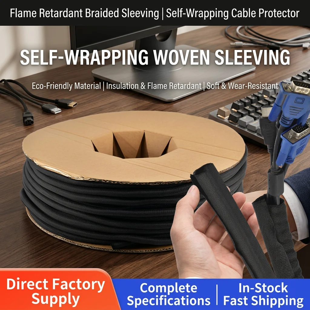 100Meter Flame Retardant Braided Sleeving, Self-Wrapping Cable Protector, Black Textile Wire Loom for Electrical Bundling