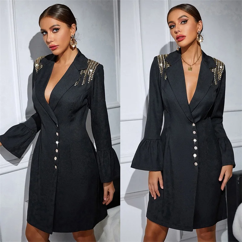 Traje de lujo con cristales para mujer, Blazer negro de 1 piezas, cuello de pico profundo, manga larga, vestido de fiesta de graduación, Mini Vestido corto Sexy de noche