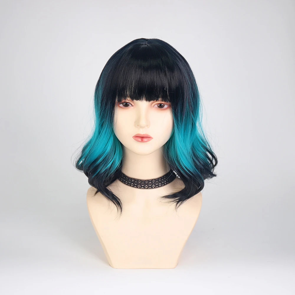 GAKA Black Blue Obmre Short Wavy Wigs with Bangs Synthetic Women Lolita Cosplay Hair Wig for Daily Party