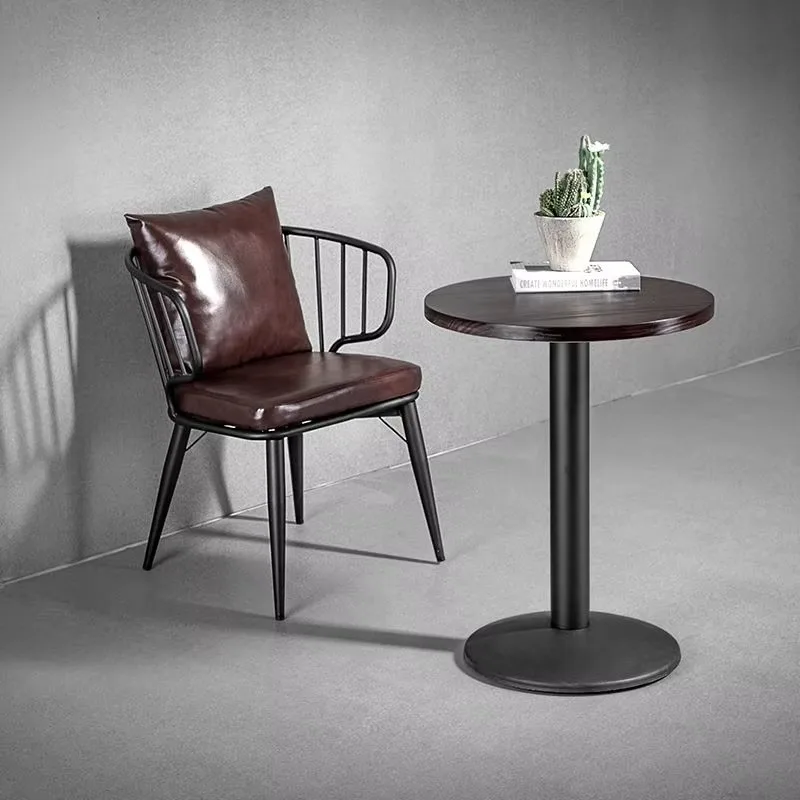 Silver industrial high bar table with backrest leather chair set