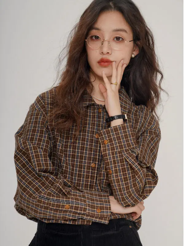 

American Retro Coffee Plaid Shirt For Women'S Autumn And Winter Design, Loose Collar Casual Top