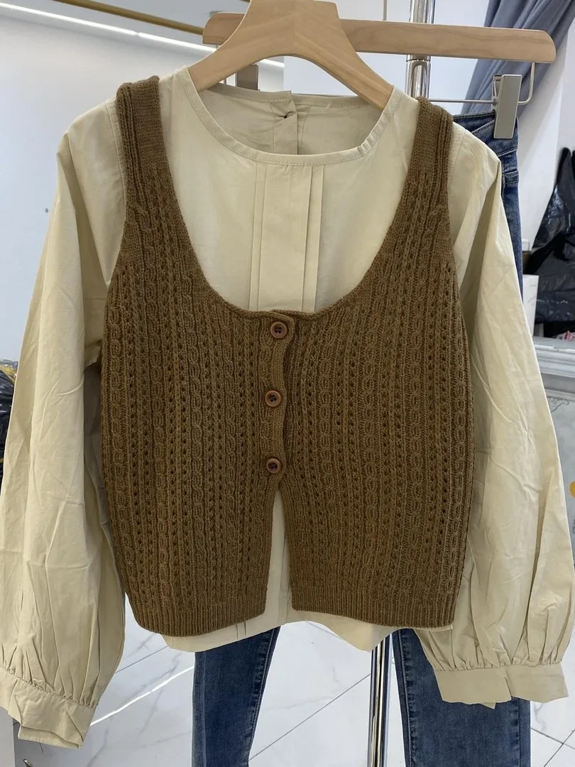 

Women's Knitted Shirt Lantern Sleeve Two-Piece Set Spring Autumn Loose Design Sense Layered Top Breathable Long Sleeve round ...