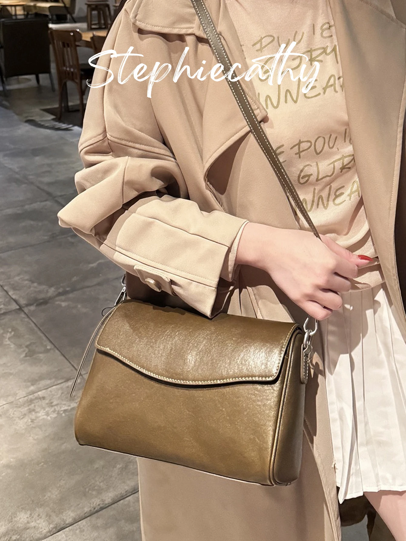 

SC Women Minimalist Genuine Leather Flap Cover Handbag Long Strap Cross body Square Bag Casual Purse Daily Commute All Season