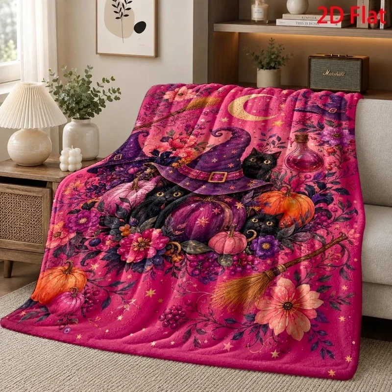 Purple Witch Hat Black Cat Pumpkin Floral Moon Print Throw Blanket, Gothic Halloween Home Cover
