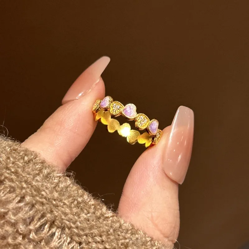 خاتم حب رومانسي للفتيات الوردية للنساء، خاتم على شكل صف ذهبي فاخر وخفيف الوزن، مجوهرات راقية