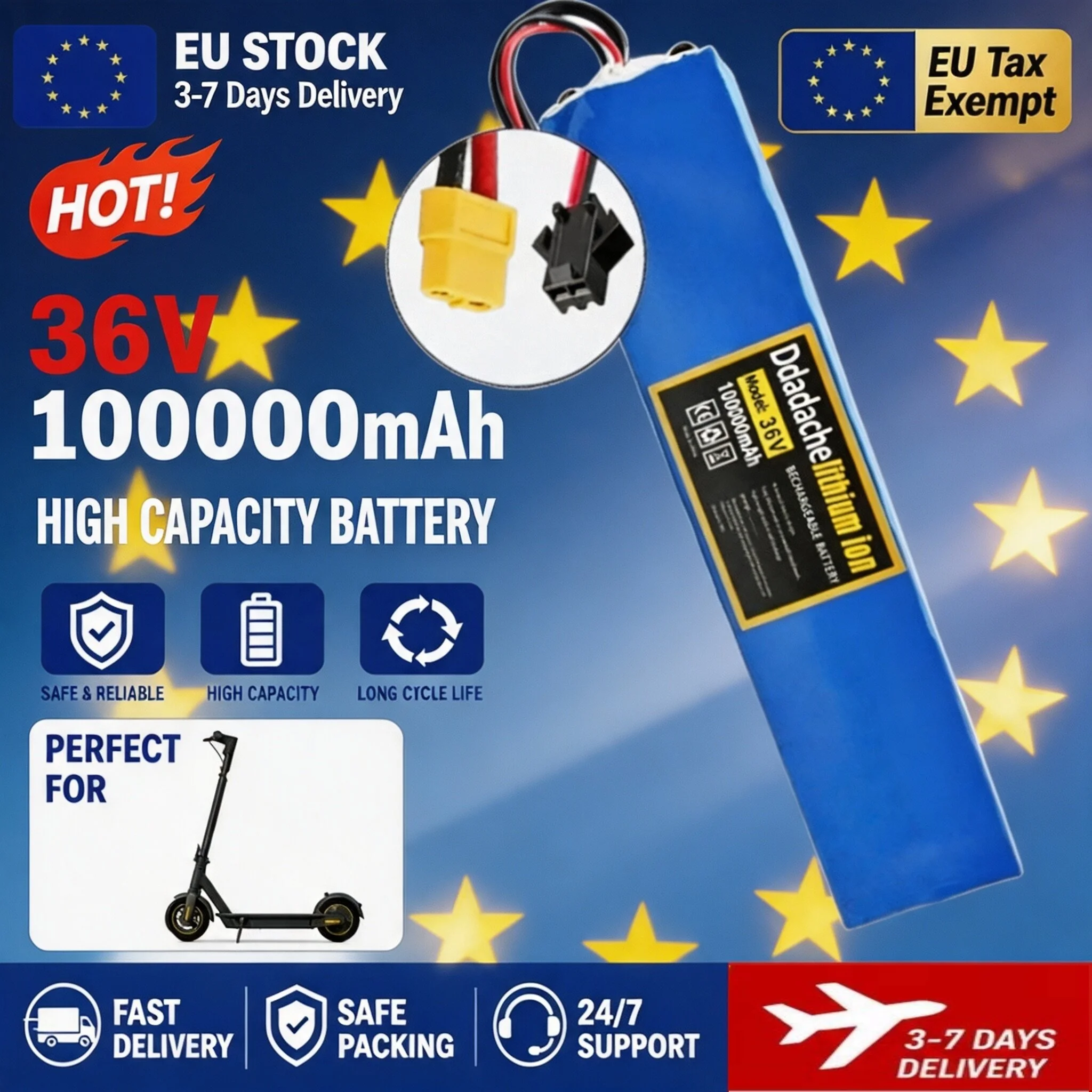 36V 10S3P Lithium-Ionen-Akku 100000mAh mit integriertem BMS XT60+JST-Anschluss, wiederaufladbarer Akku für Elektroroller und E-Bikes