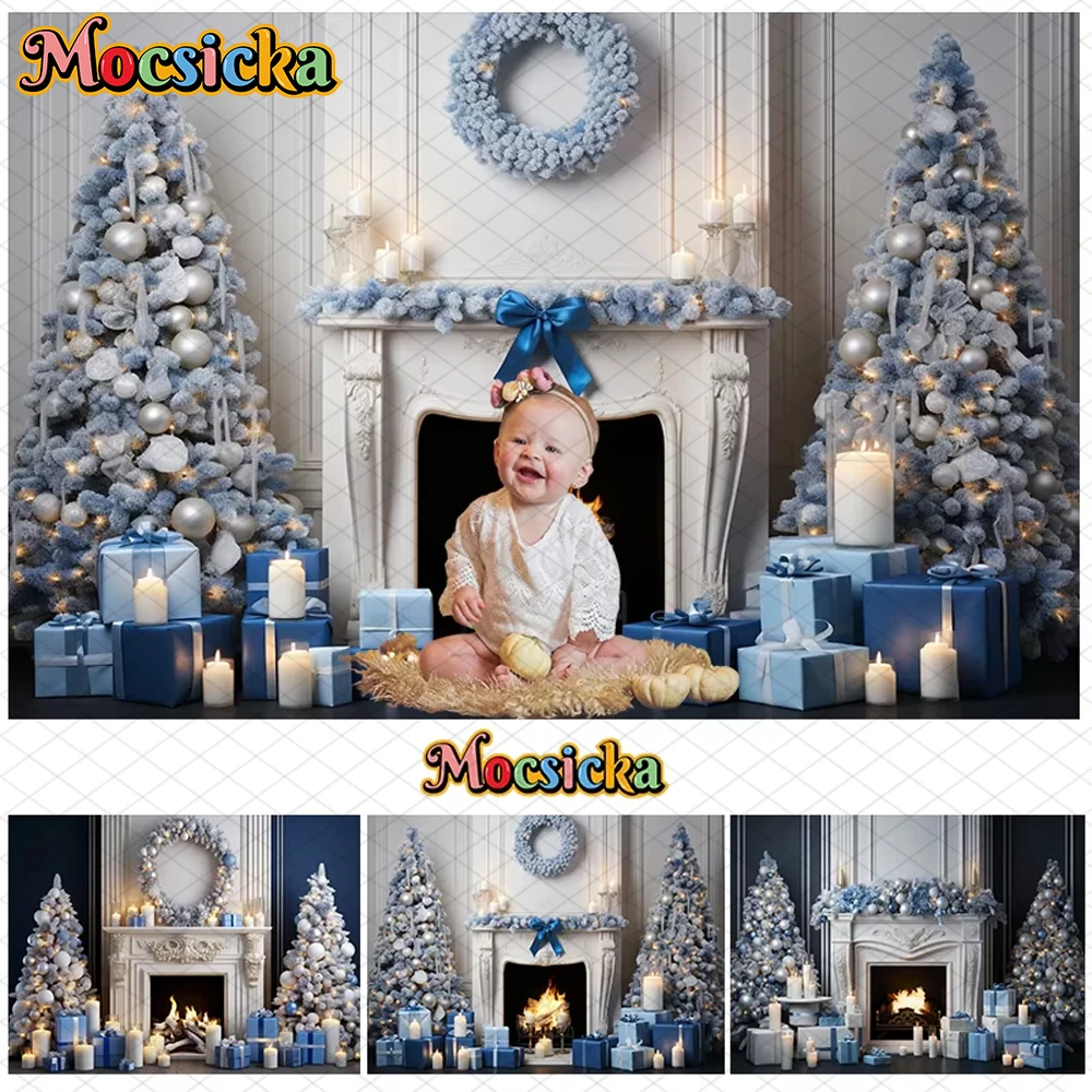 

Mocsicka Blue Christmas Tree Backdrop Photography Fireplace Palace Wall Gifts Decor Family Child Photo Studio Backgrounds Banner