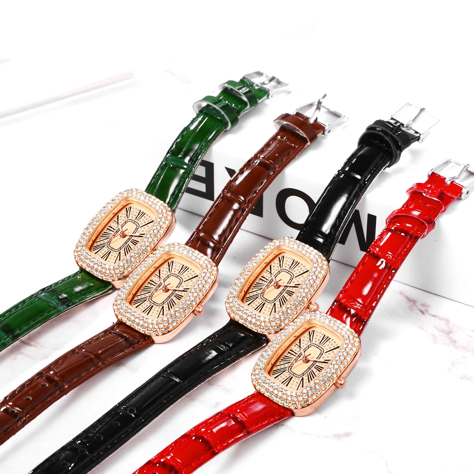 Lancarro Classic Women Ladies Shiny Rhinestone Dial orologio da polso cinturino in vera pelle orologio al quarzo regalo di festa di natale orologio femminile