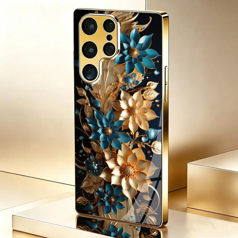 Electroplated Gold Frame Tempered Glass Case  for Samsung Galaxy S26/S25+/S24/S23/S22 FE  Embossed Camellia Art Texture Cover