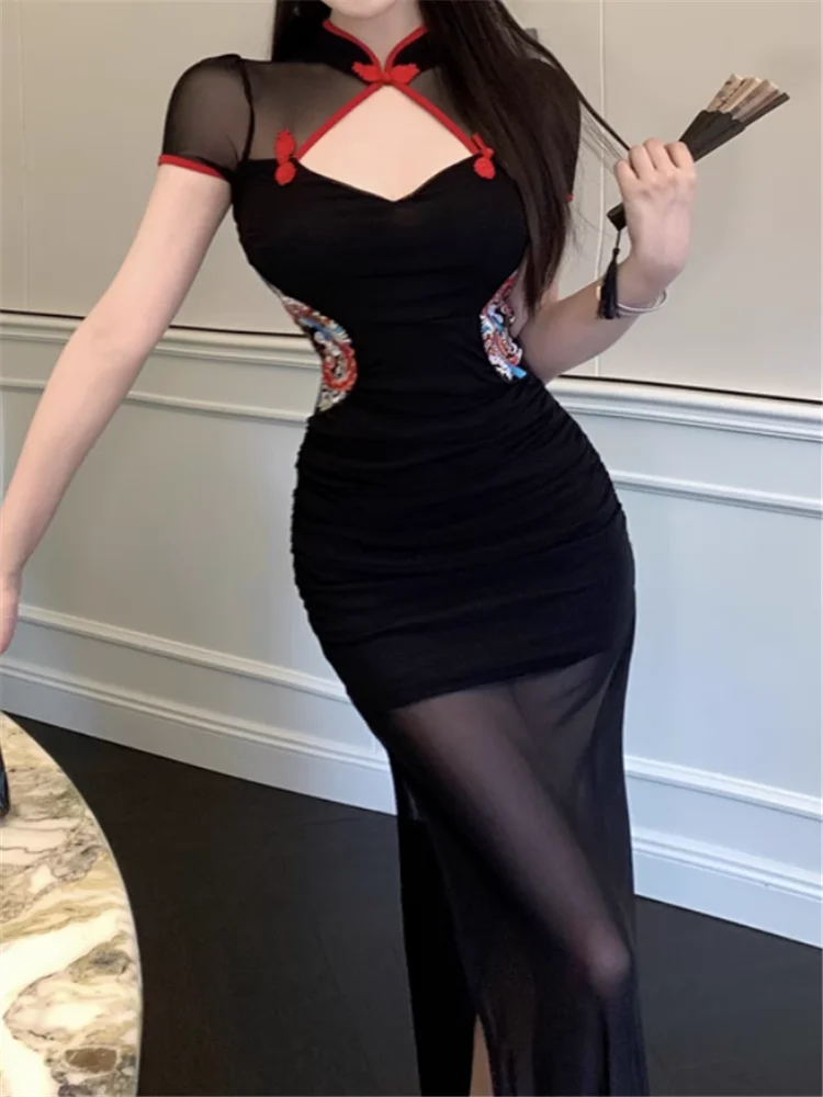 New Chinese Style Sheer Mesh Patchwork Black Red Cheongsam Dress High Split Short Sleeve Stand Collar Elegant Pencil Qipao Dress