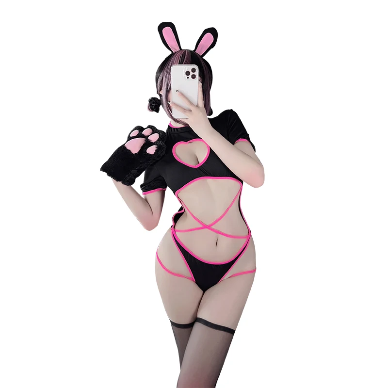 

Sexy Anime Open Chest Bodysuit for Women Hollow Black Pink Kawaii Bunny Cosplay Costumes Tempatation Japanese Maiden Lingerie