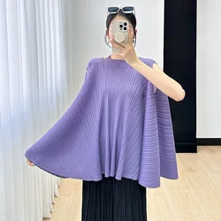 Miyake Pleated Women's New Casual Loose Plus Size Round Neck Sleeveless Temperament T-shirt Summer