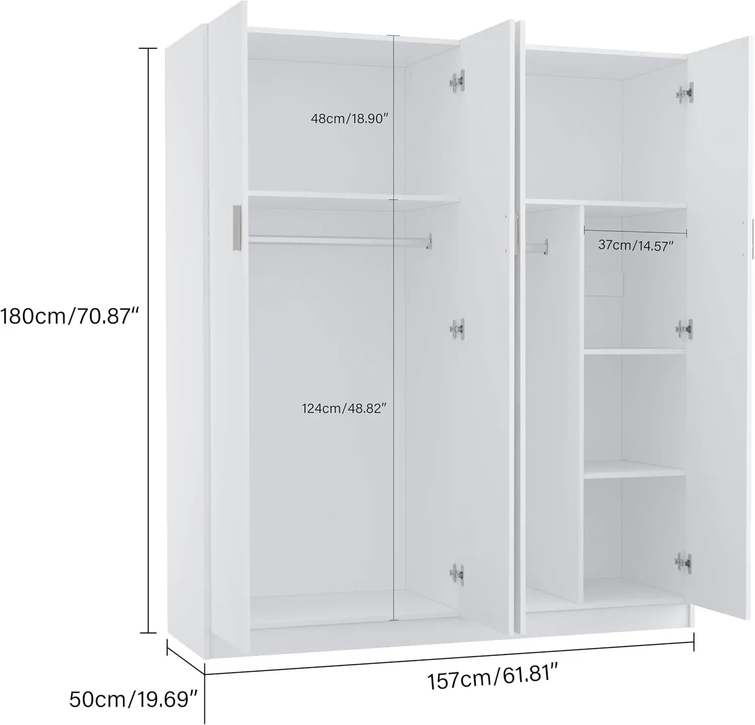 4 Door Wardrobe Closet Bedroom Armoire With Shelves, Hanging Rod For Bedroom, White