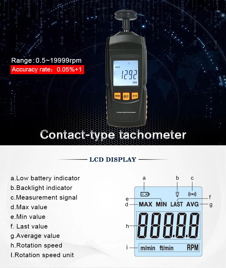 GM8906 Digital Contact Motor Tachometer Portable LCD Speedometer Tach RPM Teste Rotate Speed Meter 0.5~19999RPM Data Hold