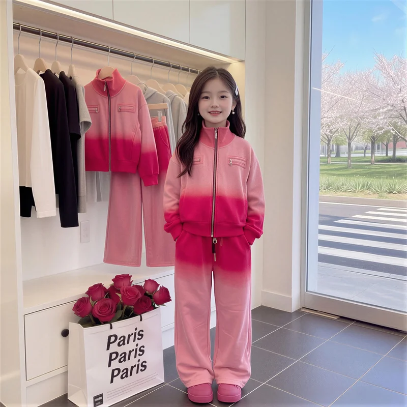 Teen Girls Clothing Sets Fashion Dip Dyeing Jackets+Sweatpants Sports Outfits High Quality Child Gradient Tracksuits Spring Fall