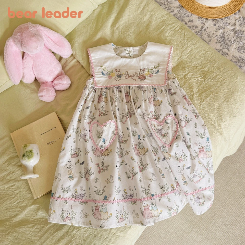

Летние платья Bear Leader для девочек от 2 до 7 лет, платье без рукавов с мультяшным кроликом и лацканами, модная милая и очаровательная детская одежда