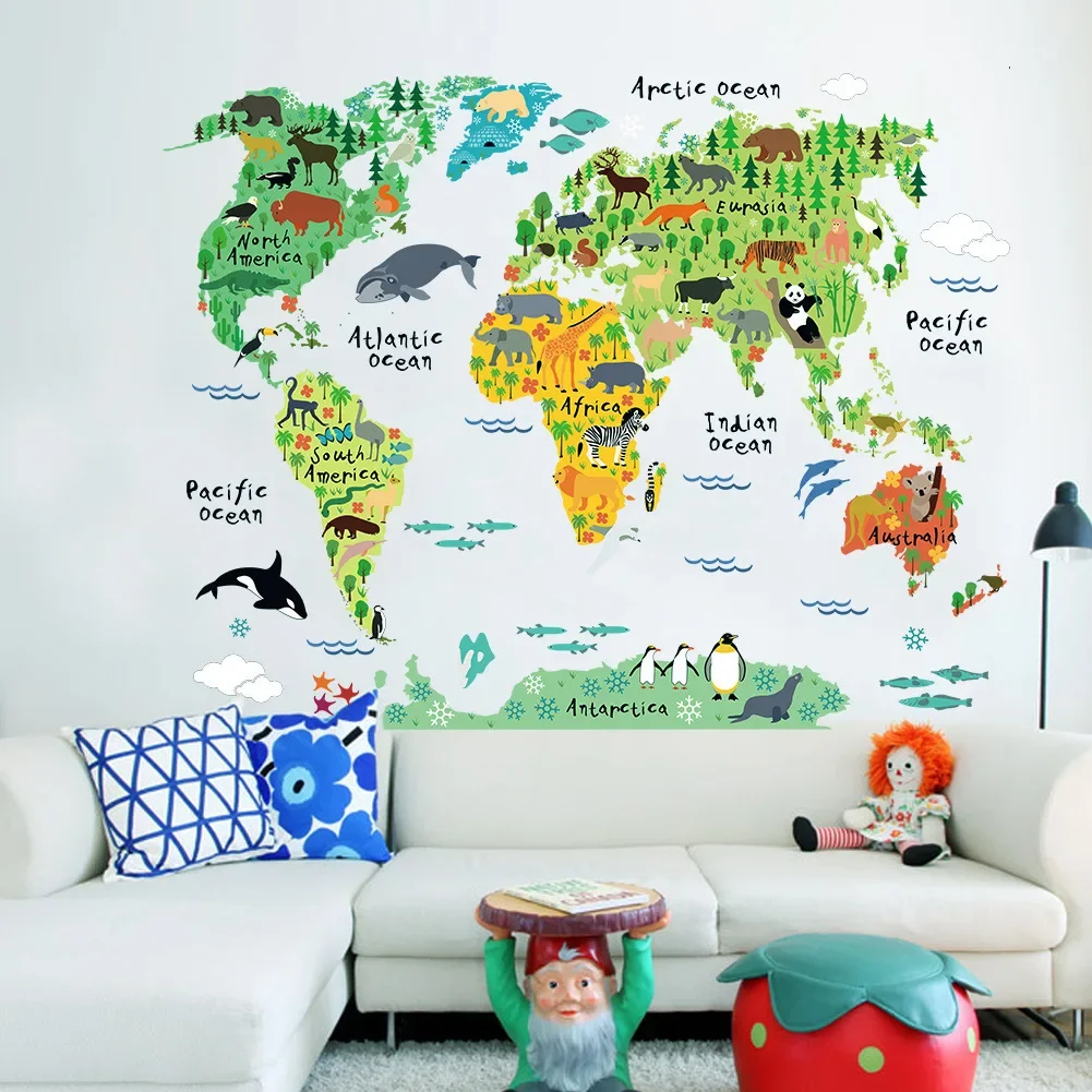 Animals World Map DIY Wall Stickers for Boys Children Bedroom Kids room Removable Wall Decor Sticker for Kindergarten Classroom