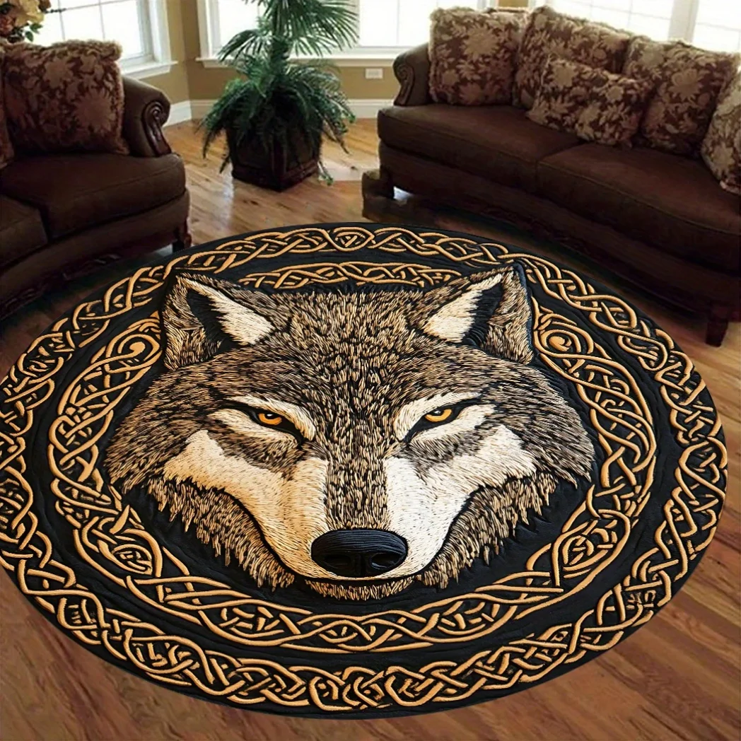 Wolf Head Encircled by Celtic Knots Round Rug, Appeals to Nature Lovers, Provides Warmth with Its Plush Flannel Layer