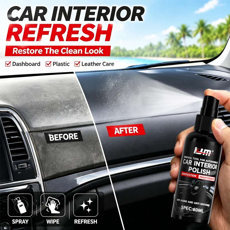 KJM Car Interior Polish 60ML Dashboard Plastic Leather Restorer Anti Aging Shine Protector For Auto Trim Door Panel