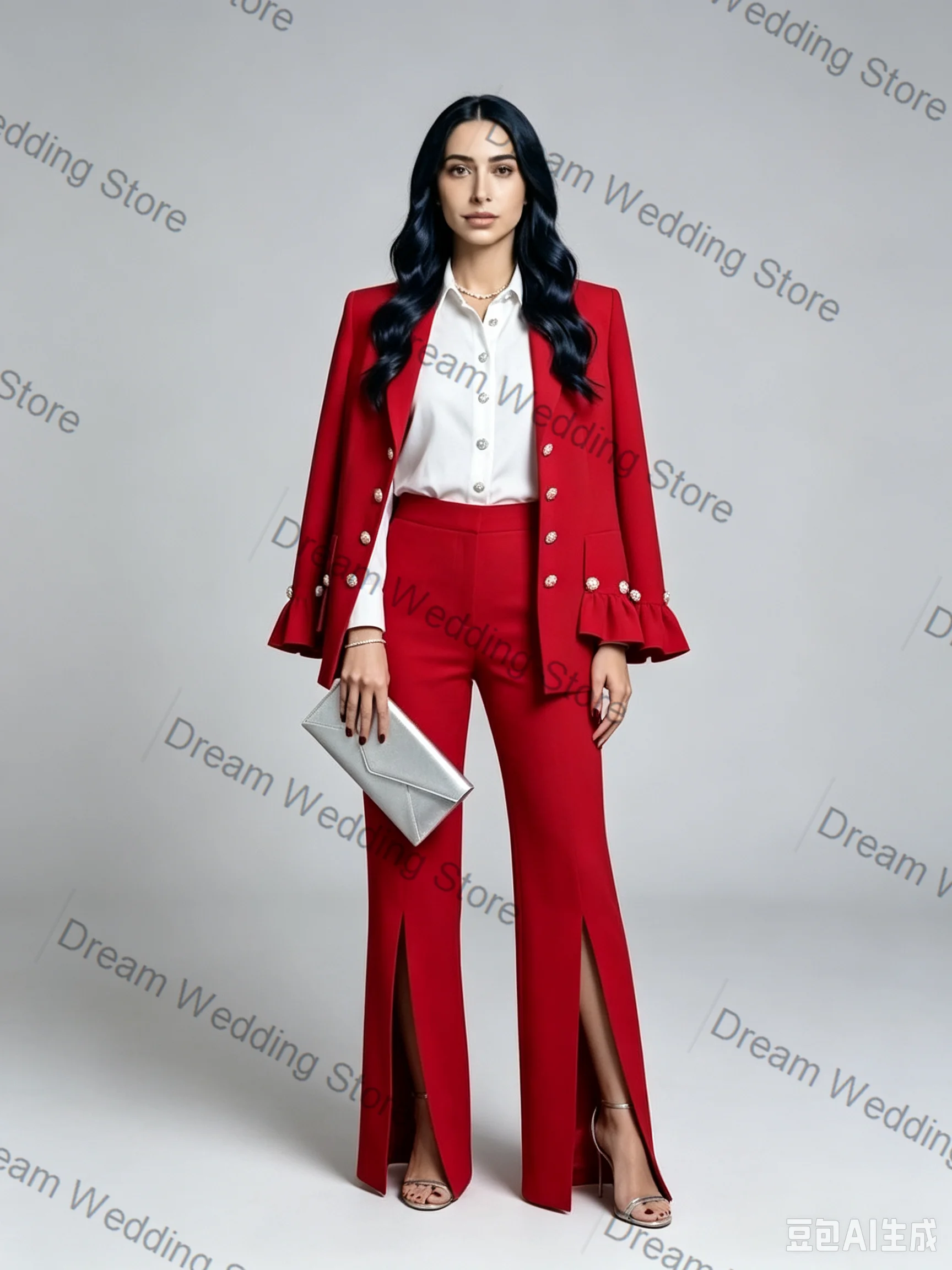 Wedding Red Women Suit Set 2 Pcs Blazer+Pants Pearls Cotton Autumn Formal Office Lady Jacket Customized Bridal Guest Coat