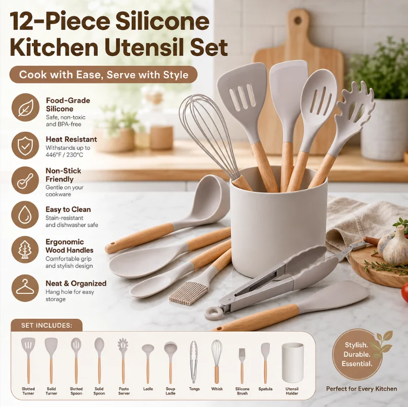 12Pcs Food Grade Silicone Cooking Utensil Set Natural Wooden Handle Heat Resistant Non-Stick Kitchen Tools with Storage Holder
