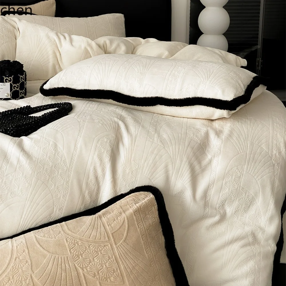 H1 High-end Warm Milk Velvet Four-piece Set with Thick Textured Jacquard Embossed Duvet Cover, Bed Sheet, and Fitted Sheet