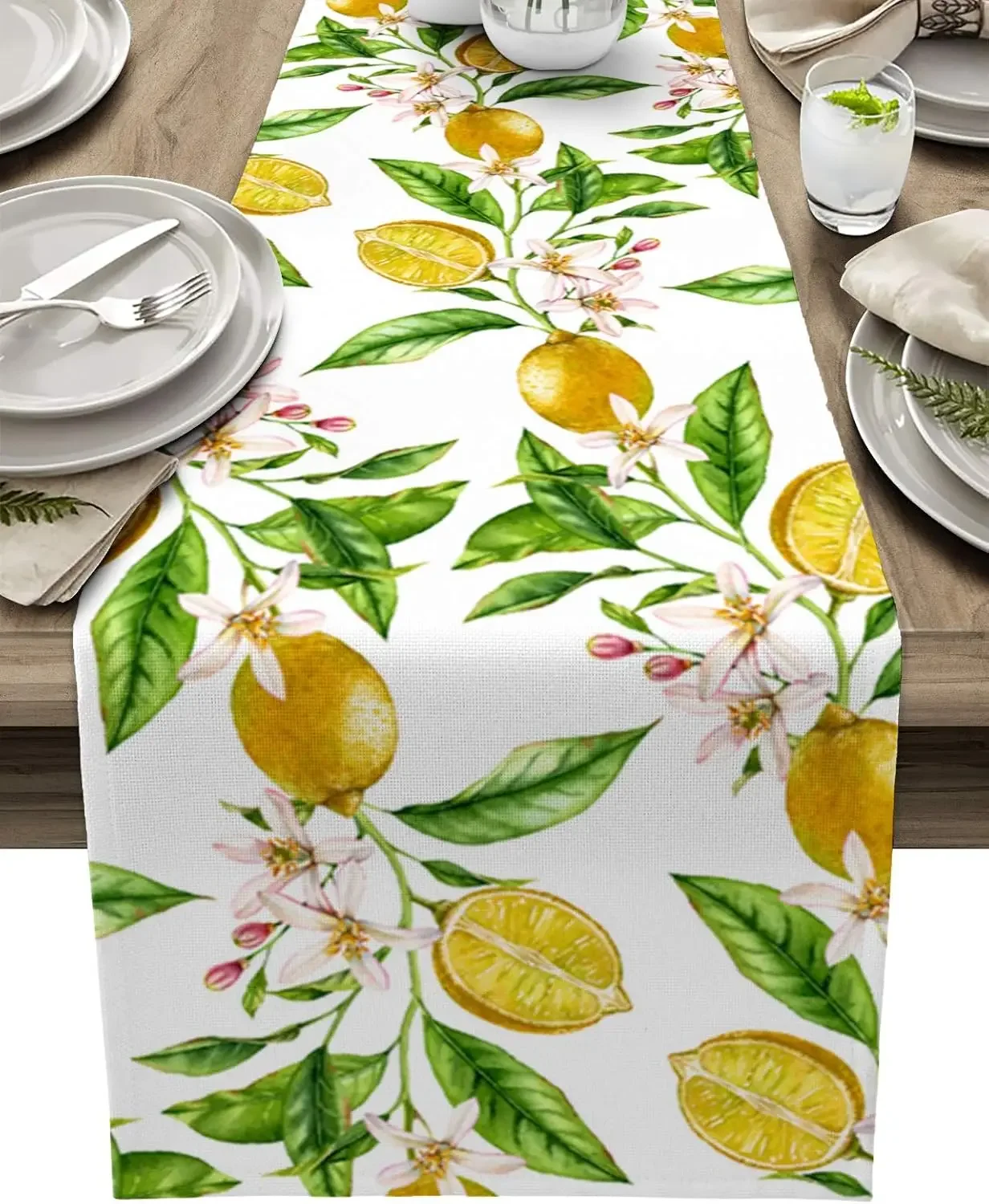 1Pc Lemon Branch Pattern Table Runner White Floral Fruit Print Table Cover For Dining Kitchen Party Decoration Tabletop Decor