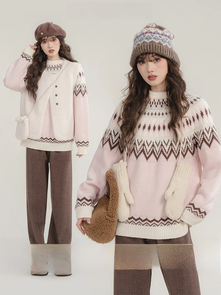 

Новый утепленный вязаный свитер Loveheynew с круглым вырезом для женщин, осенне-зимний, свободного кроя, повседневный топ в стиле ретро с цветными блоками