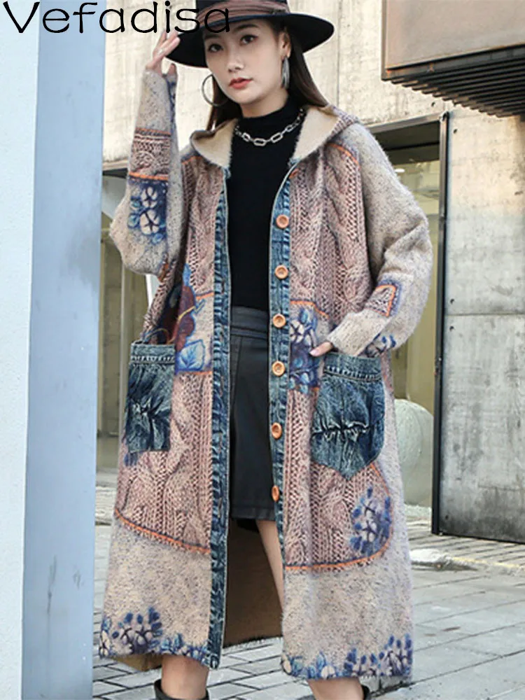 Vefadisa 2024 Autumn Winter Women Thickening Retro Printing Splicing Denim Sweater Coat Loose Hooded Knitting Coat LHX2999