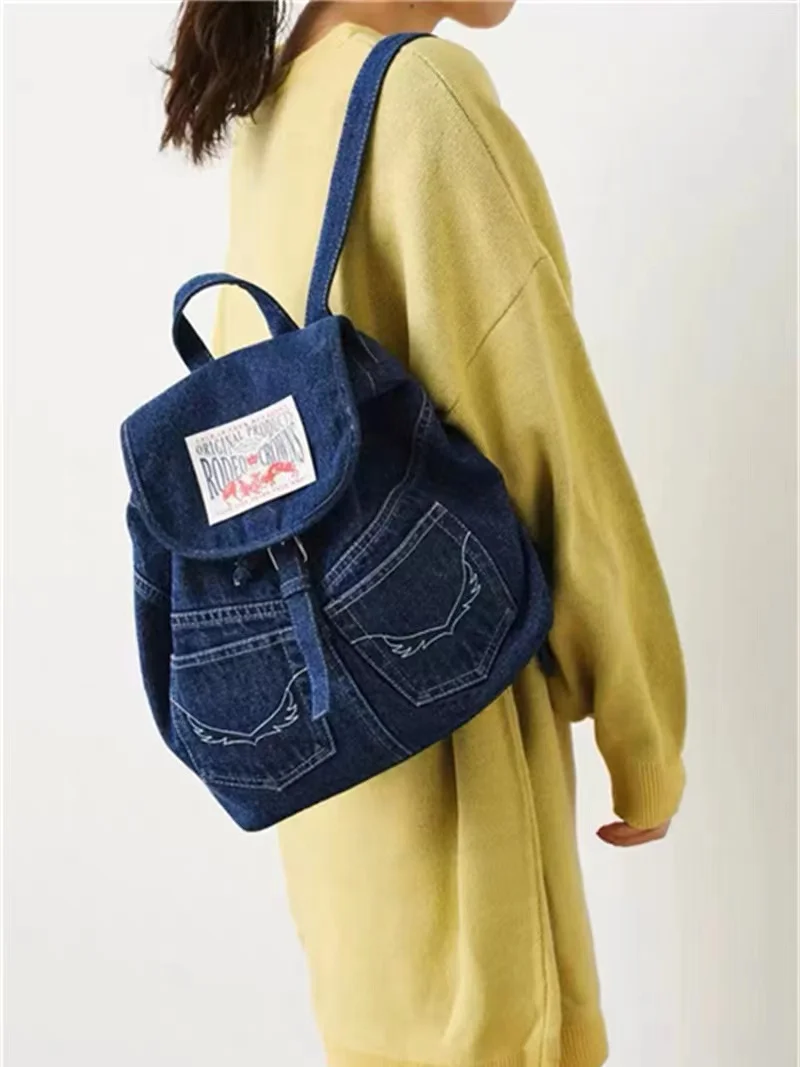 2024new japanese style denim backpack girls Drawstring bag Preppy style