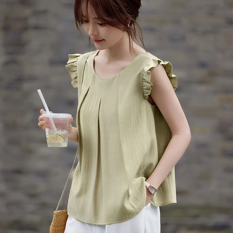 Temperament Little Flying Sleeve Doll Shirt for Women's Summer Loose Slimming Round Neck Small Fresh Chic Small Shirt for Women