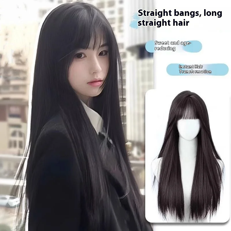 

Women's Black Long Straight Wig Realistic Cosplay Full Cover With Bangs Hair Fake Hair Professional Salon Tool