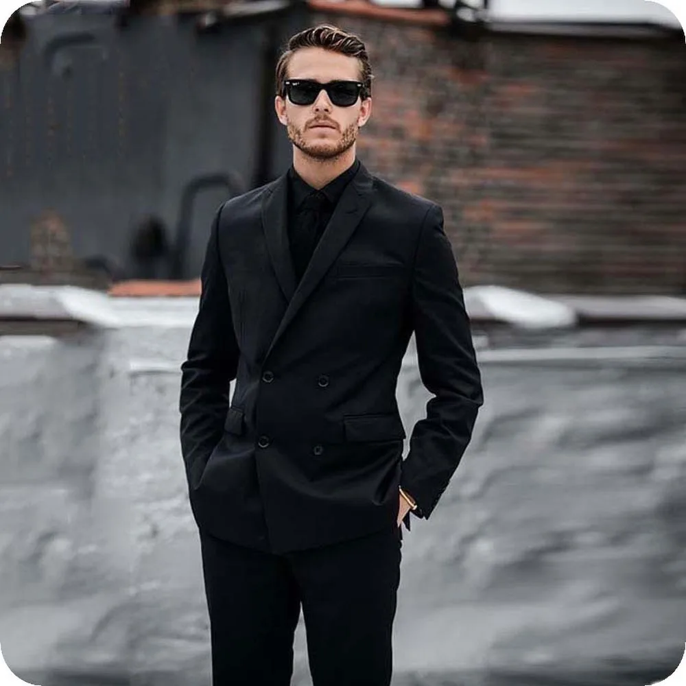 

Black Suits for Men Fashion Peak Lapel Double Breasted Male Suit Slim Fit Smart Casual Groom Wedding Tuxedo 2 Piece Blazer Pants