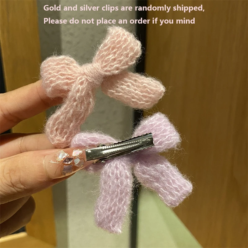 Autumn Winter Cute Knitted Wool Bow Hairpin Sweet Girl Heart Hair Accessories Colored Plush Hairpin Edge Clip Bridesmaid Gift