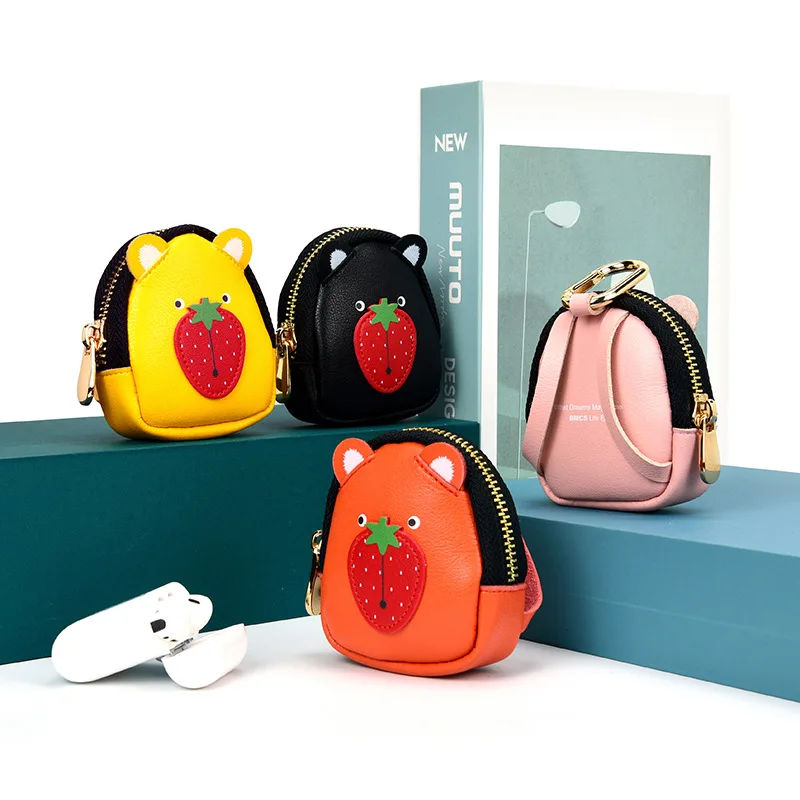 

Cute Strawberry Bear Mini Wallet Creative Fashion Leather Bear Coin Purse Lipstick Key Earphone Storage Bag Zipper Money Pouch