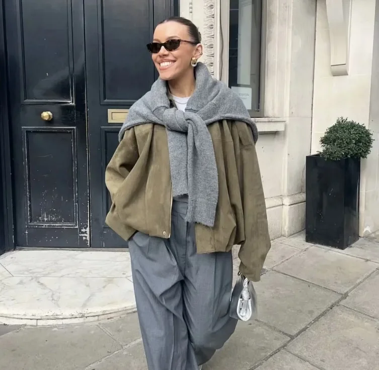 New Women's Bomber Jackets Coats Fashion Turn-down Collar Long Sleeve Loose Coats Vintage Female Outerwear Chic Tops